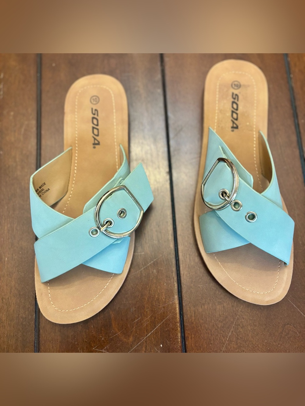 Soda Light Blue Cross-Strap Slide Sandals with Silver Ring